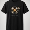 Needle Drop Vinyl Record unisex t-shirt in black with vinyl record with orange label and gold tonearm
