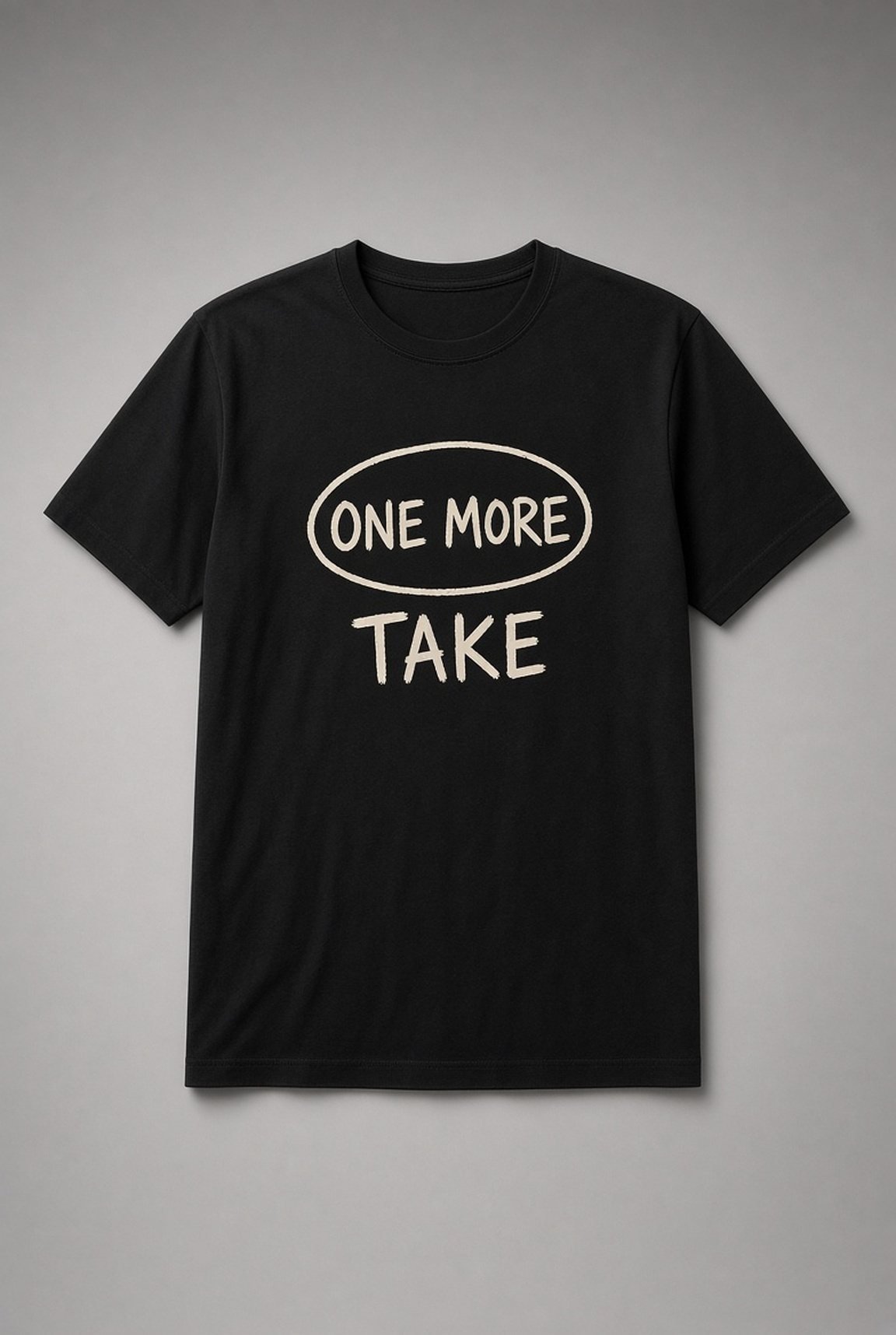 One More Take Recording Studio unisex t-shirt in black with hand-drawn oval and distressed lettering