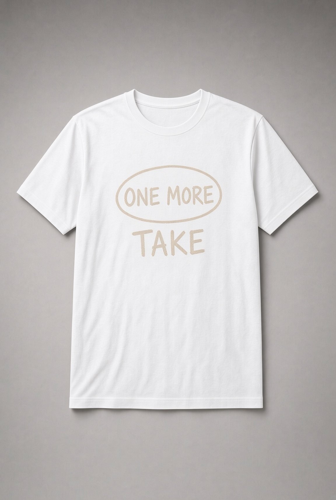 One More Take Recording Studio unisex t-shirt in white with hand-drawn oval and distressed lettering